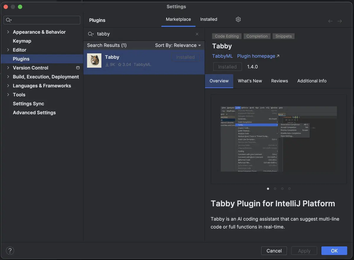 TabbyML on IntelliJ Plugin Marketplace
