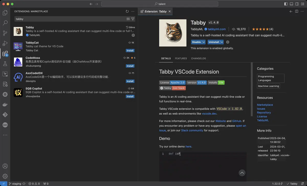 TabbyML on Vscode Extension Store